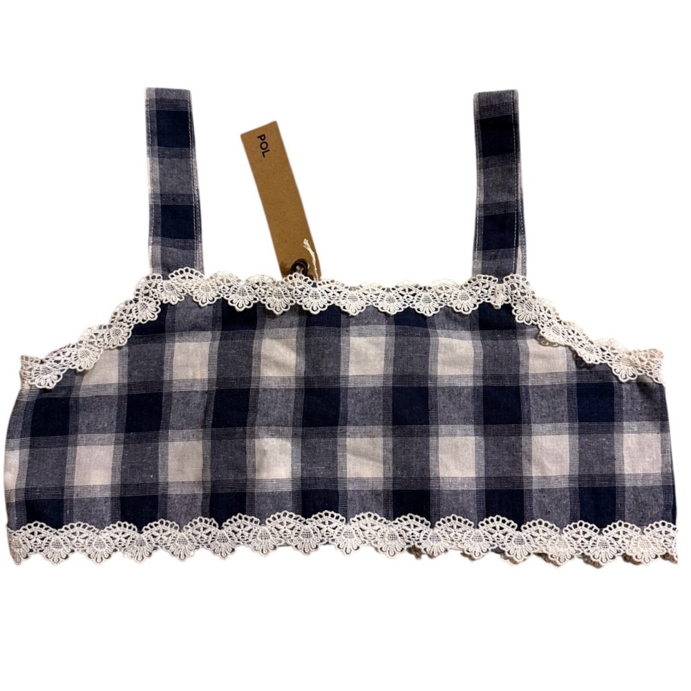NWT Plaid Blue and White Crop Top with Lace Trim size S/M